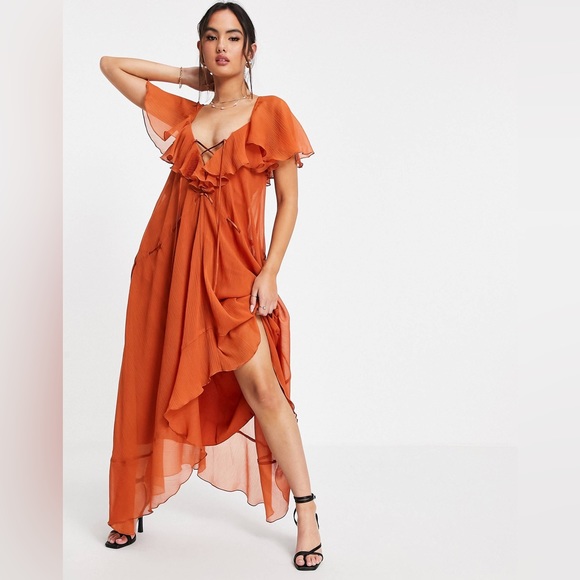 ASOS Dresses & Skirts - ASOS DESIGN ruffle midi dress with laceup front & adjustable waist detail size 8